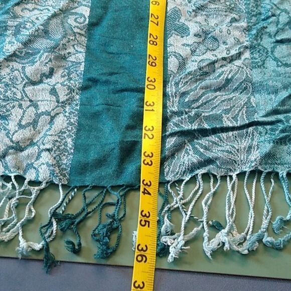 Teal Patchwork Women's Scarf with Fringe - Picture 3 of 6